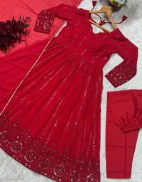 Azorte Fashion N Red Embroidered Faux Georgette Gown Set with Dupatta & Pants  - S