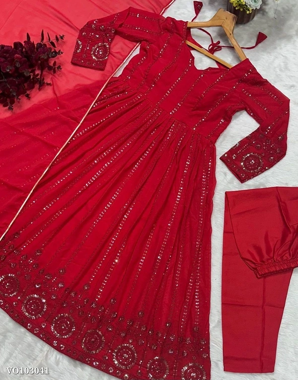 Azorte Fashion N Red Embroidered Faux Georgette Gown Set with Dupatta & Pants  - S