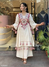 Azorte Fashion N Festive Special Premium Co-ord Set | Khadi Cotton with Real Mirror & Sequence Embroidery | Plus Sizes Available | Indian Festive Wear - L