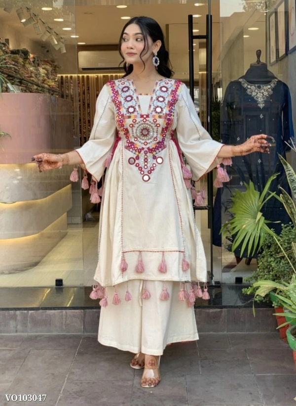 Azorte Fashion N Festive Special Premium Co-ord Set | Khadi Cotton with Real Mirror & Sequence Embroidery | Plus Sizes Available | Indian Festive Wear - L