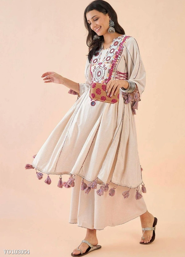 Azorte Fashion N Festive Special Premium Co-ord Set | Khadi Cotton with Real Mirror & Sequence Embroidery | Plus Sizes Available | Indian Festive Wear - L