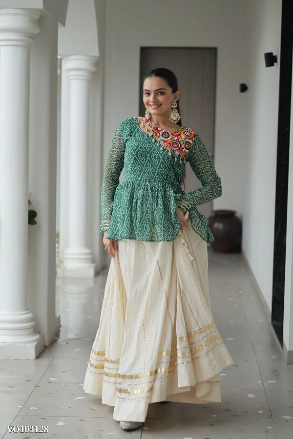 Azorte Fashion N Traditional Kora Cotton Lehenga with Kutchi Gamthi Top & Gota Patti Work – Full-Stitched Set - XL