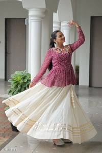 Azorte Fashion N Traditional Kora Cotton Lehenga with Kutchi Gamthi Top & Gota Patti Work – Full-Stitched Set - XXL