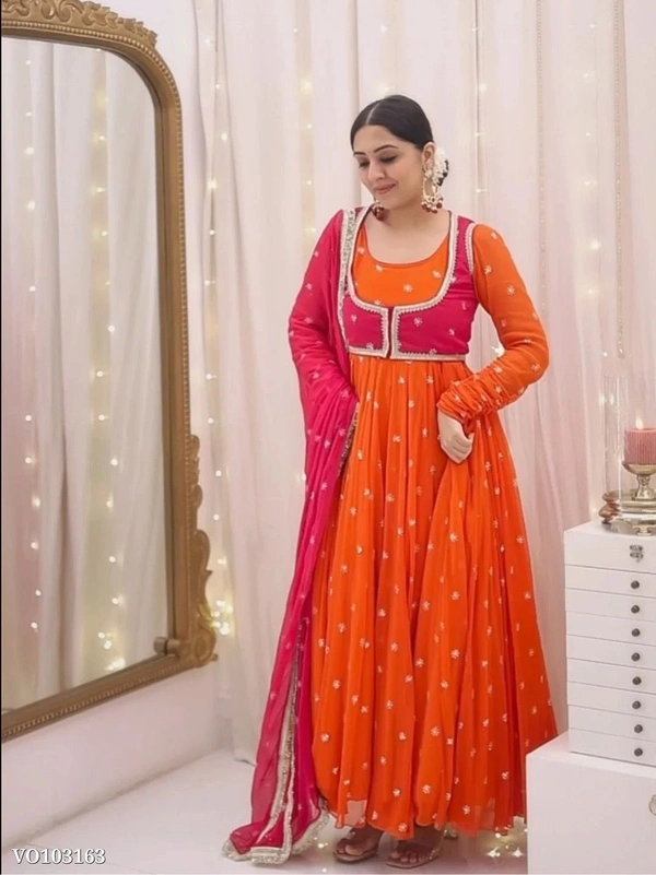 Azorte Fashion N Premium Faux Georgette Embroidered Anarkali Suit with Koti, Dupatta & Micro Cotton Pant – Partywear Dress for Women - XL