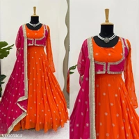 Azorte Fashion N Premium Faux Georgette Embroidered Anarkali Suit with Koti, Dupatta & Micro Cotton Pant – Partywear Dress for Women - XL