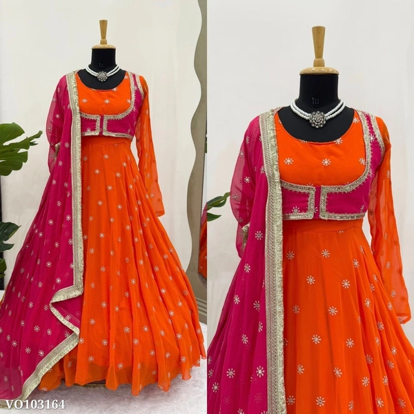 Azorte Fashion N Premium Faux Georgette Embroidered Anarkali Suit with Koti, Dupatta & Micro Cotton Pant – Partywear Dress for Women - XL