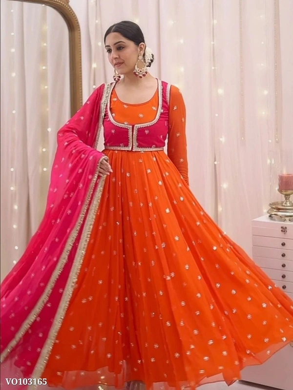 Azorte Fashion N Premium Faux Georgette Embroidered Anarkali Suit with Koti, Dupatta & Micro Cotton Pant – Partywear Dress for Women - XL