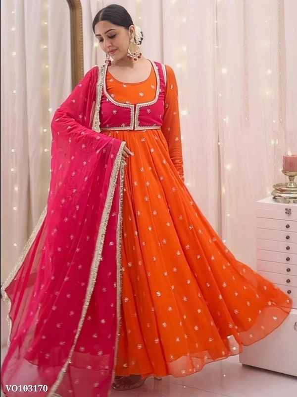 Azorte Fashion N Premium Faux Georgette Embroidered Anarkali Suit with Koti, Dupatta & Micro Cotton Pant – Partywear Dress for Women - XL