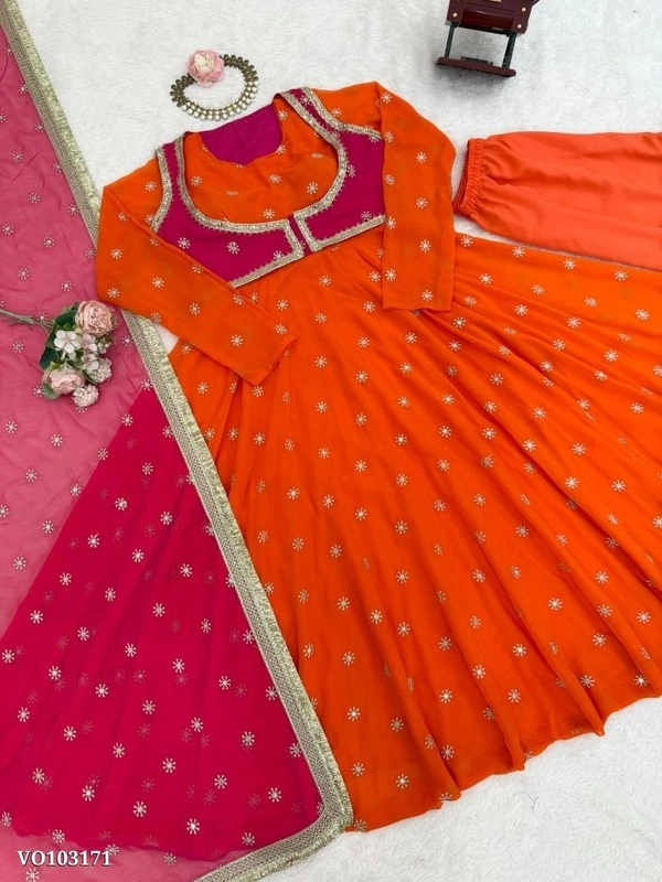 Azorte Fashion N Premium Faux Georgette Embroidered Anarkali Suit with Koti, Dupatta & Micro Cotton Pant – Partywear Dress for Women - XL