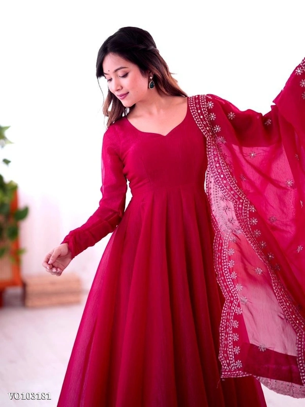 Azorte Fashion N Heavy Designer Party Wear Gown Set for Women – Fandy Silk, Full Flair, Embroidery Work with Dupatta - XL
