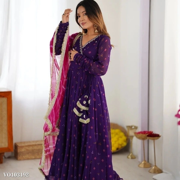 Azorte Fashion N Faux Georgette Embroidered Gown Set with Digital Print Dupatta & Micro Cotton Pant – Elegant 3-Piece Set for Women - M