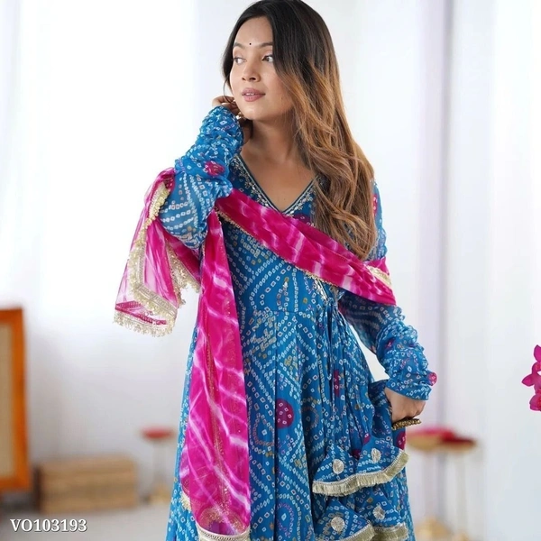 Azorte Fashion N Faux Georgette Embroidered Gown Set with Digital Print Dupatta & Micro Cotton Pant – Elegant 3-Piece Set for Women - XL