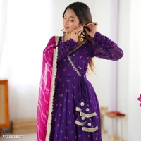 Azorte Fashion N Faux Georgette Embroidered Gown Set with Digital Print Dupatta & Micro Cotton Pant – Elegant 3-Piece Set for Women - M