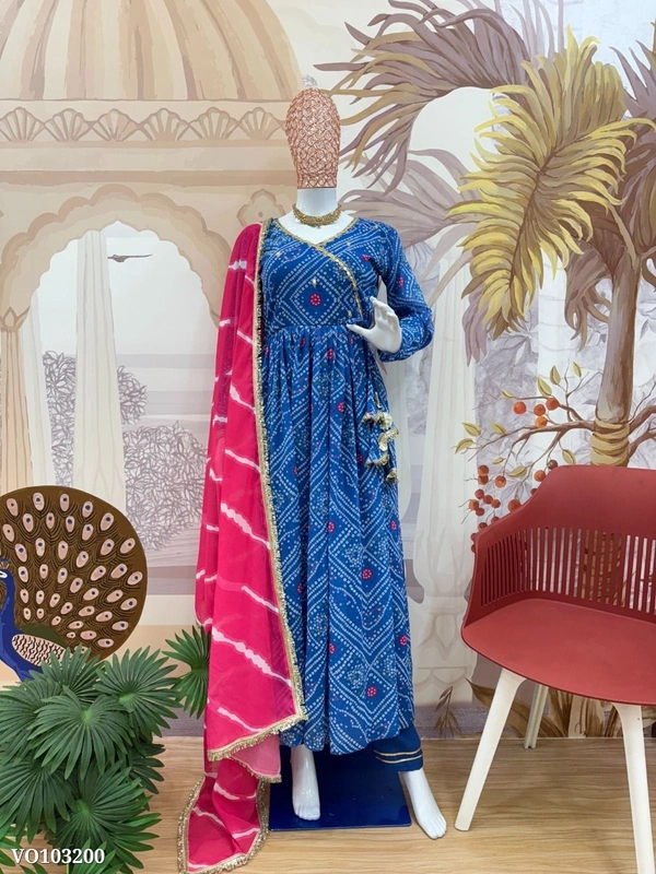 Azorte Fashion N Faux Georgette Embroidered Gown Set with Digital Print Dupatta & Micro Cotton Pant – Elegant 3-Piece Set for Women - XL