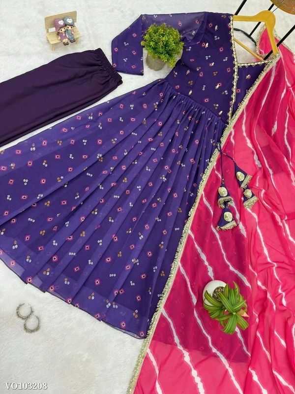 Azorte Fashion N Faux Georgette Embroidered Gown Set with Digital Print Dupatta & Micro Cotton Pant – Elegant 3-Piece Set for Women - M