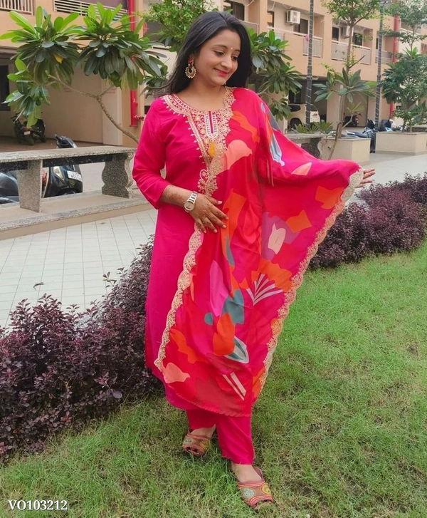 Azorte Fashion N Roman Silk Embroidered Suit with Chinon Digital Dupatta – Sizes M to XXL - XL