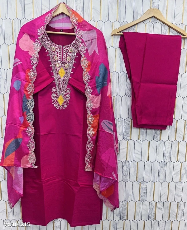 Azorte Fashion N Roman Silk Embroidered Suit with Chinon Digital Dupatta – Sizes M to XXL - XL