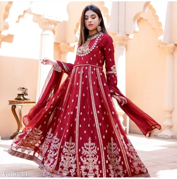 Azorte Fashion N Embroidered Pure Blooming Georgette Gown Set with 5mm Sequence Work, Dupatta & Bottom – Fully Stitched - XL 42