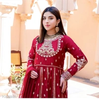 Azorte Fashion N Embroidered Pure Blooming Georgette Gown Set with 5mm Sequence Work, Dupatta & Bottom – Fully Stitched - XL 42