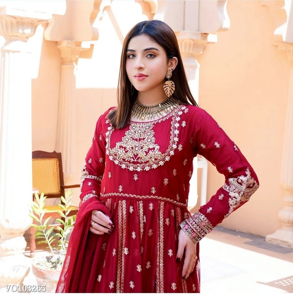 Azorte Fashion N Embroidered Pure Blooming Georgette Gown Set with 5mm Sequence Work, Dupatta & Bottom – Fully Stitched - XL 42
