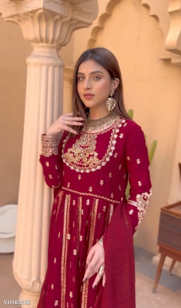 Azorte Fashion N Embroidered Pure Blooming Georgette Gown Set with 5mm Sequence Work, Dupatta & Bottom – Fully Stitched - XL 42
