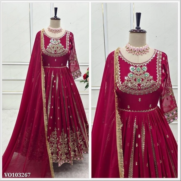 Azorte Fashion N Embroidered Pure Blooming Georgette Gown Set with 5mm Sequence Work, Dupatta & Bottom – Fully Stitched - XL 42