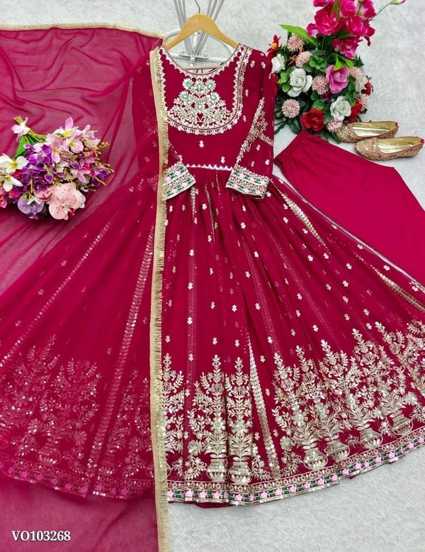 Azorte Fashion N Embroidered Pure Blooming Georgette Gown Set with 5mm Sequence Work, Dupatta & Bottom – Fully Stitched - XL 42