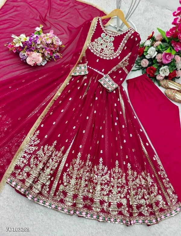 Azorte Fashion N Embroidered Pure Blooming Georgette Gown Set with 5mm Sequence Work, Dupatta & Bottom – Fully Stitched - XL 42