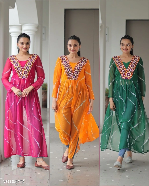 Leheriya Print Faux Georgette Gown with Kutchi Patchwork 
