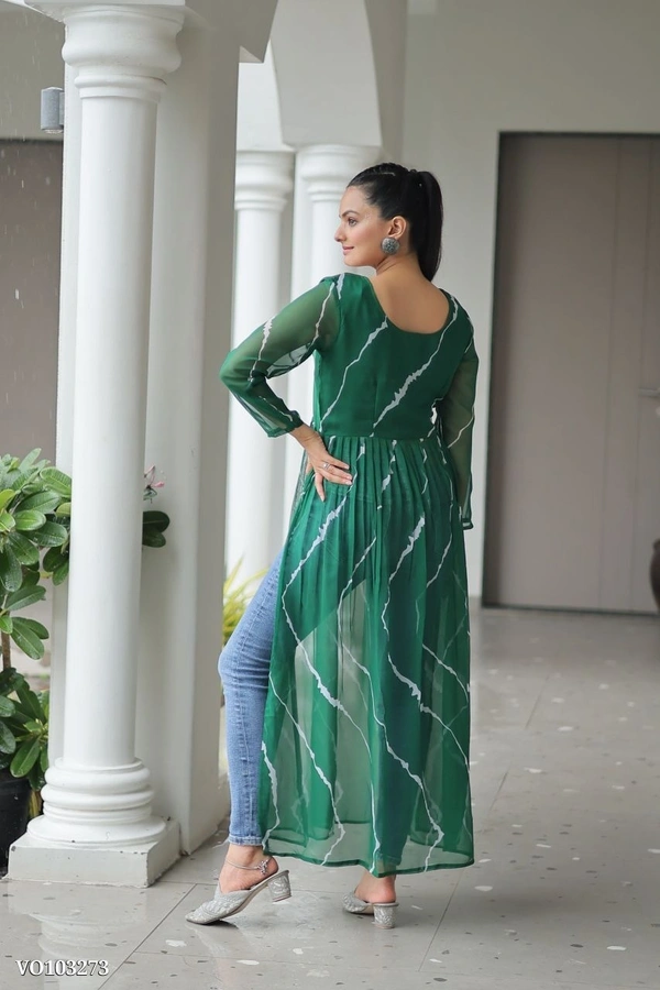 Azorte Fashion N Leheriya Print Faux Georgette Gown with Kutchi Patchwork  - Green, M 38