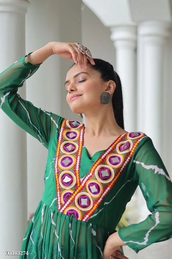 Azorte Fashion N Leheriya Print Faux Georgette Gown with Kutchi Patchwork  - Green, M 38