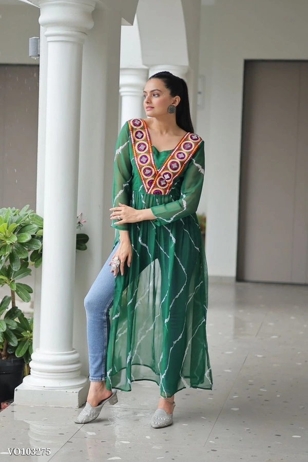 Azorte Fashion N Leheriya Print Faux Georgette Gown with Kutchi Patchwork  - Green, M 38