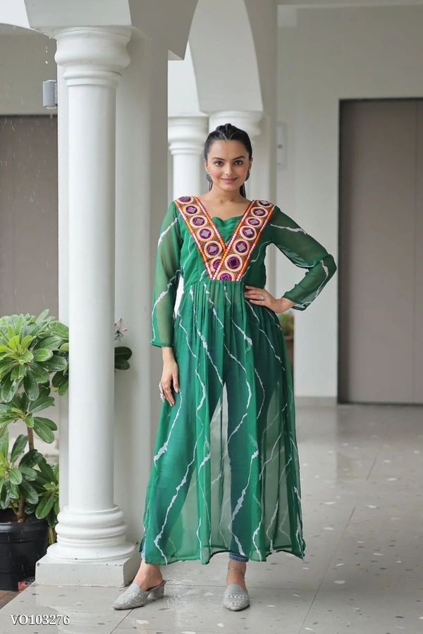 Azorte Fashion N Leheriya Print Faux Georgette Gown with Kutchi Patchwork  - Green, M 38