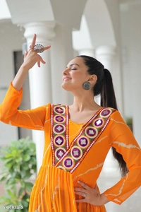 Azorte Fashion N Leheriya Print Faux Georgette Gown with Kutchi Patchwork  - Christine, M 38