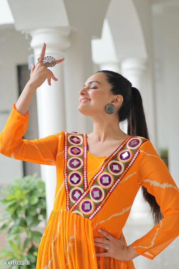 Azorte Fashion N Leheriya Print Faux Georgette Gown with Kutchi Patchwork  - Christine, M 38