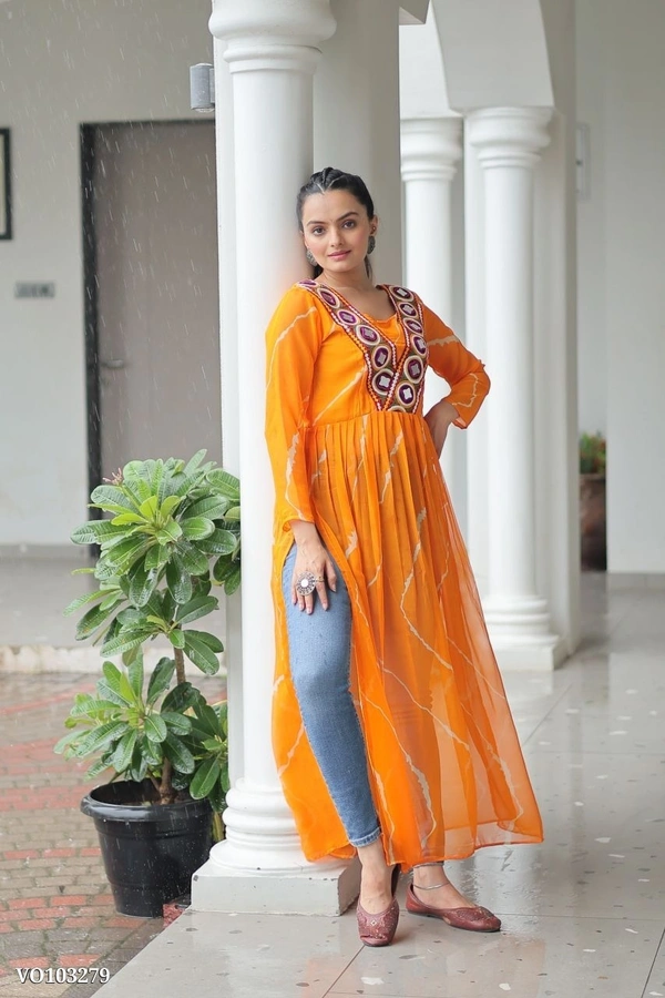 Azorte Fashion N Leheriya Print Faux Georgette Gown with Kutchi Patchwork  - Christine, M 38