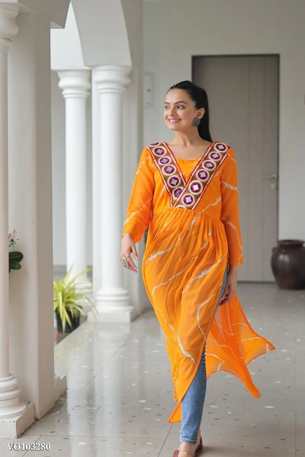 Azorte Fashion N Leheriya Print Faux Georgette Gown with Kutchi Patchwork  - Christine, M 38