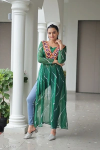 Azorte Fashion N Leheriya Print Faux Georgette Gown with Kutchi Patchwork  - Green, M 38