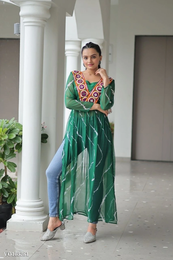 Azorte Fashion N Leheriya Print Faux Georgette Gown with Kutchi Patchwork  - Green, M 38