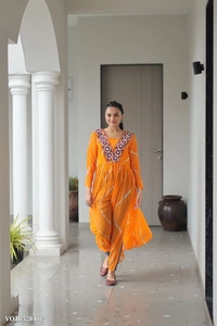 Azorte Fashion N Leheriya Print Faux Georgette Gown with Kutchi Patchwork  - Christine, M 38