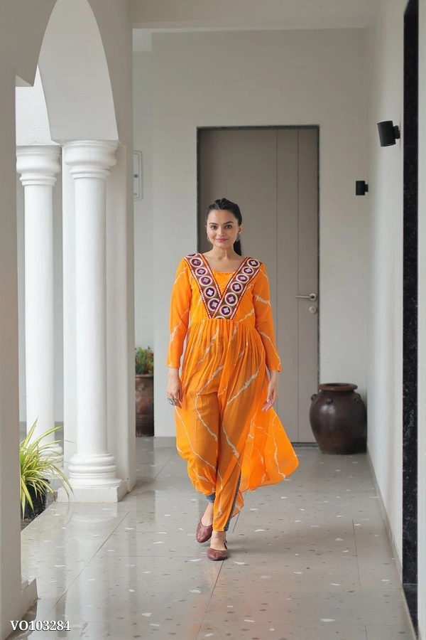 Azorte Fashion N Leheriya Print Faux Georgette Gown with Kutchi Patchwork  - Christine, M 38