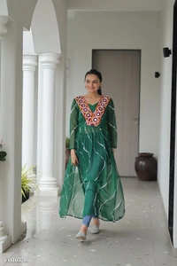 Azorte Fashion N Leheriya Print Faux Georgette Gown with Kutchi Patchwork  - Green, M 38