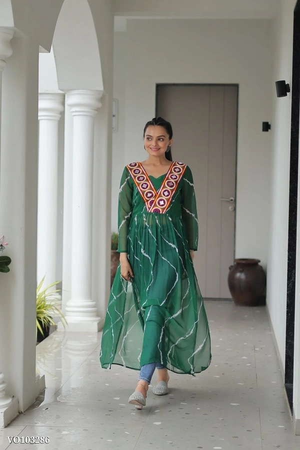 Azorte Fashion N Leheriya Print Faux Georgette Gown with Kutchi Patchwork  - Green, M 38