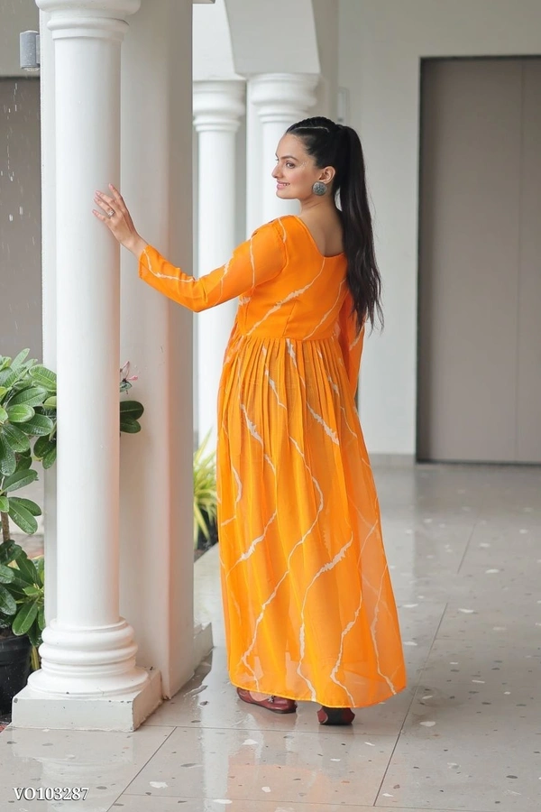 Azorte Fashion N Leheriya Print Faux Georgette Gown with Kutchi Patchwork  - Christine, M 38