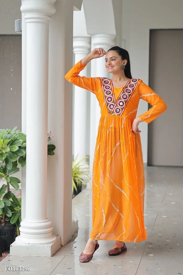 Azorte Fashion N Leheriya Print Faux Georgette Gown with Kutchi Patchwork  - Christine, M 38