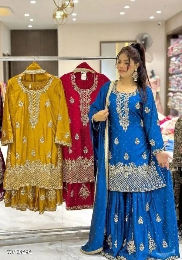Azorte Fashion N Designer Chinon Silk Sharara Suit Set with 5mm Sequin Embroidery – Fully Stitched - Selective Yellow, M 38