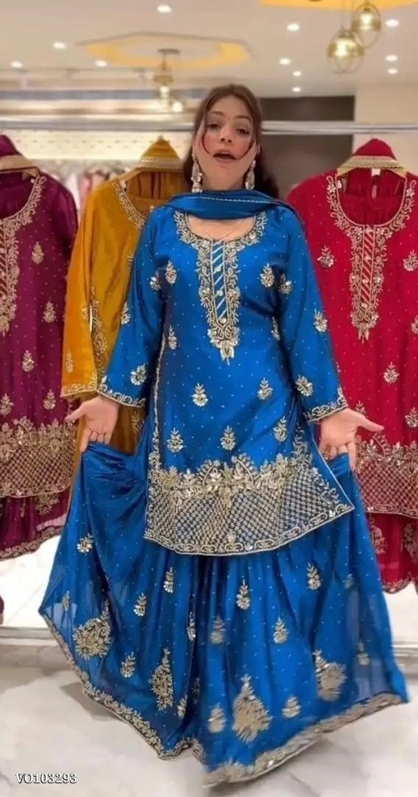 Azorte Fashion N Designer Chinon Silk Sharara Suit Set with 5mm Sequin Embroidery – Fully Stitched - Blue, M 38