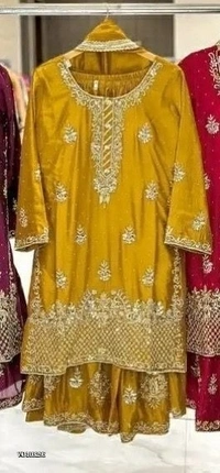 Azorte Fashion N Designer Chinon Silk Sharara Suit Set with 5mm Sequin Embroidery – Fully Stitched - Selective Yellow, M 38