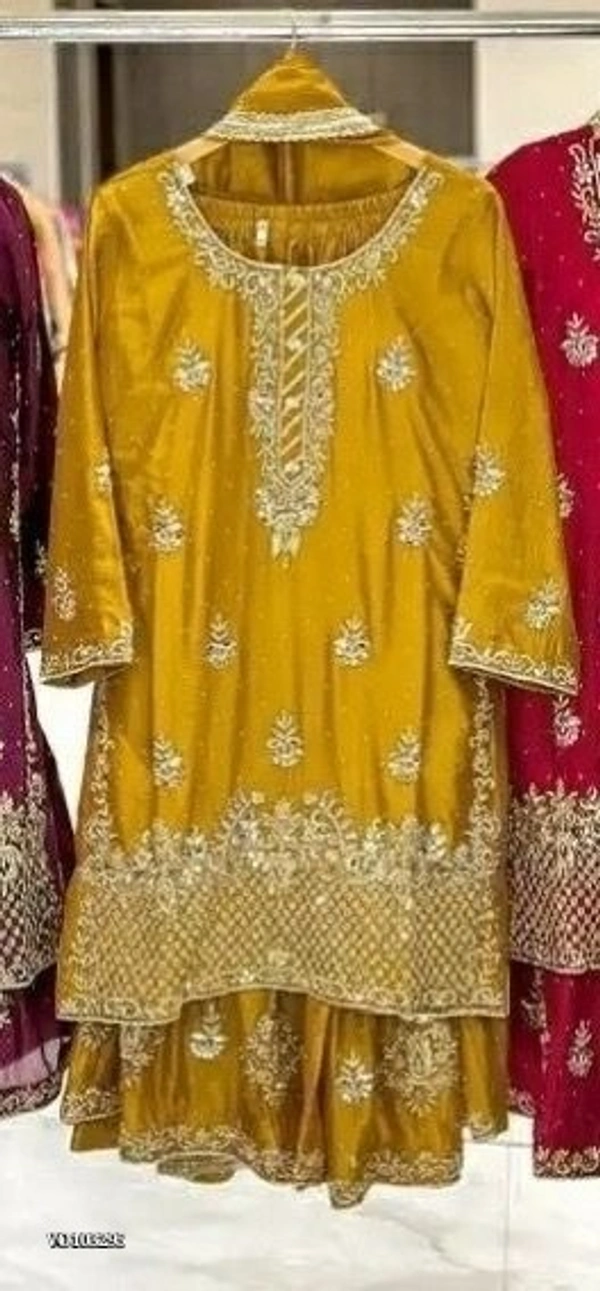 Azorte Fashion N Designer Chinon Silk Sharara Suit Set with 5mm Sequin Embroidery – Fully Stitched - Selective Yellow, M 38