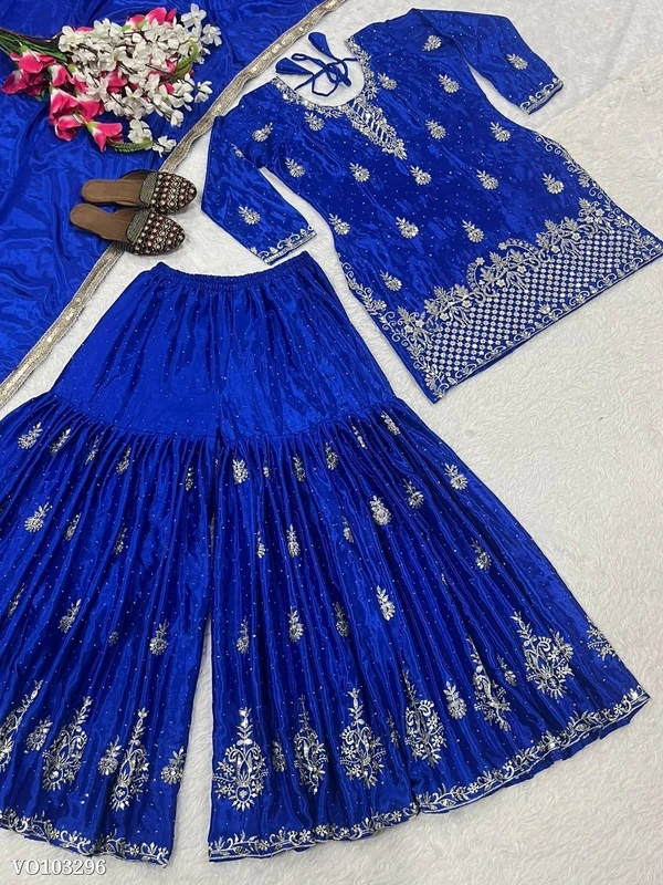 Azorte Fashion N Designer Chinon Silk Sharara Suit Set with 5mm Sequin Embroidery – Fully Stitched - Blue, M 38